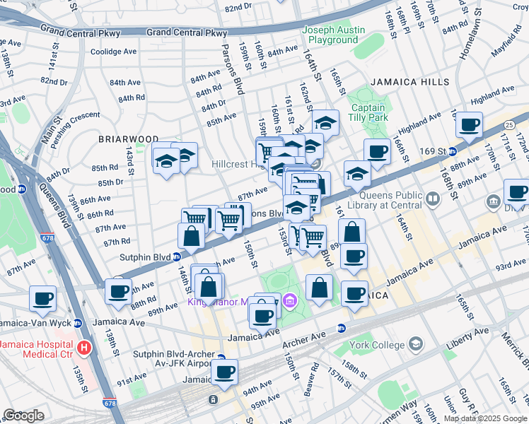 map of restaurants, bars, coffee shops, grocery stores, and more near 150-11 Hillside Avenue in Queens