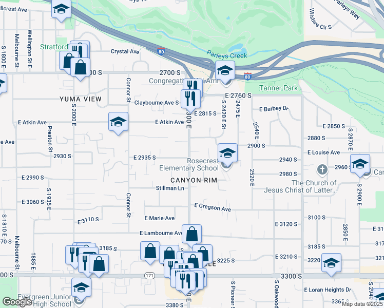 map of restaurants, bars, coffee shops, grocery stores, and more near 2923 South 2300 East in Salt Lake City