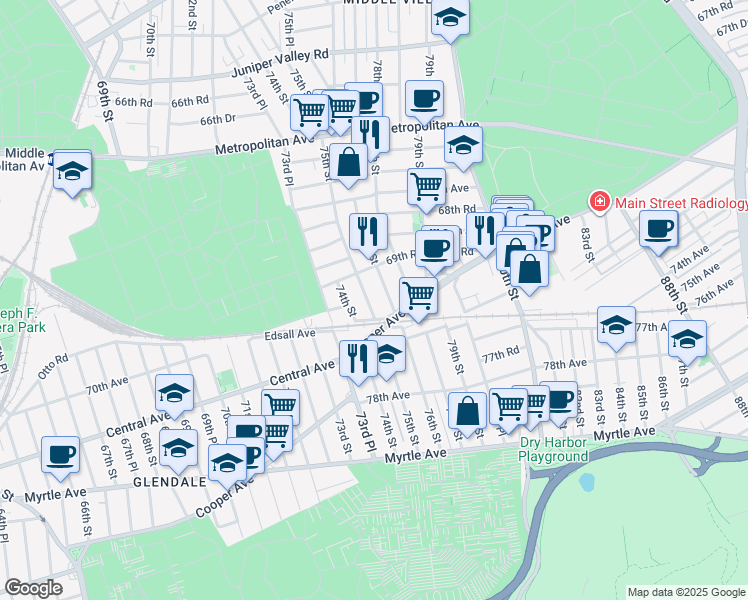 map of restaurants, bars, coffee shops, grocery stores, and more near 75-09 Cooper Avenue in Queens