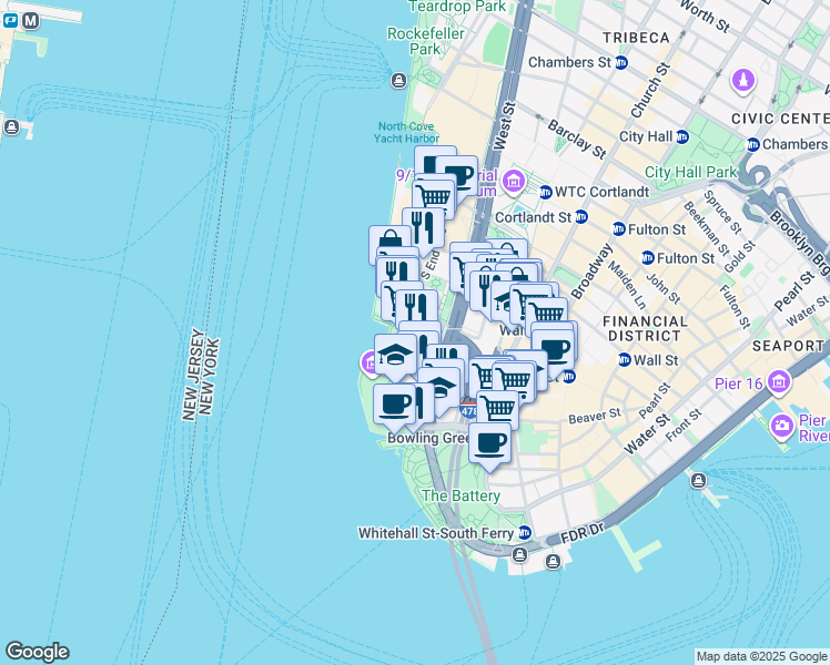 map of restaurants, bars, coffee shops, grocery stores, and more near 88 Battery Place in New York
