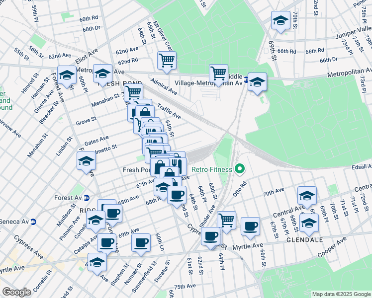map of restaurants, bars, coffee shops, grocery stores, and more near 64-18 Madison Street in Queens