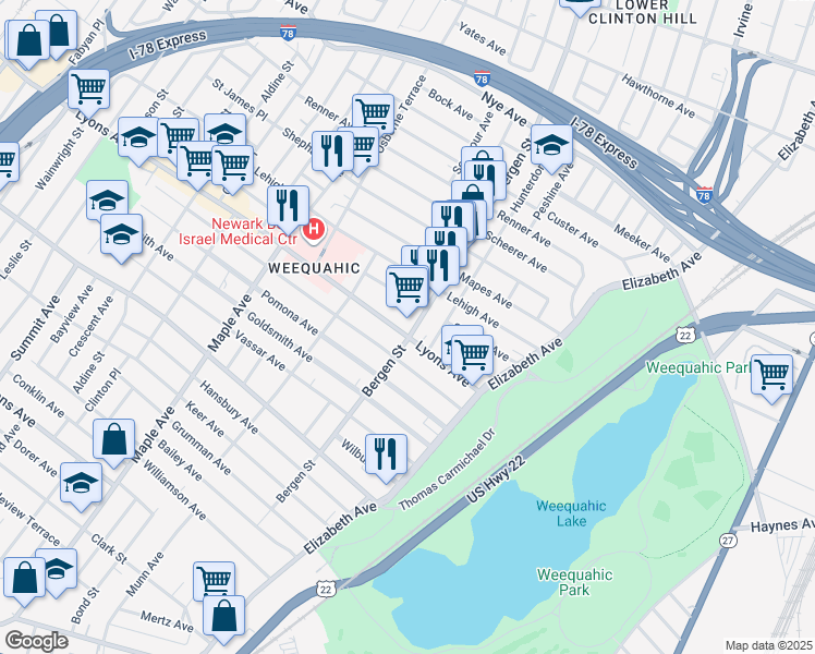map of restaurants, bars, coffee shops, grocery stores, and more near 75 Weequahic Avenue in Newark