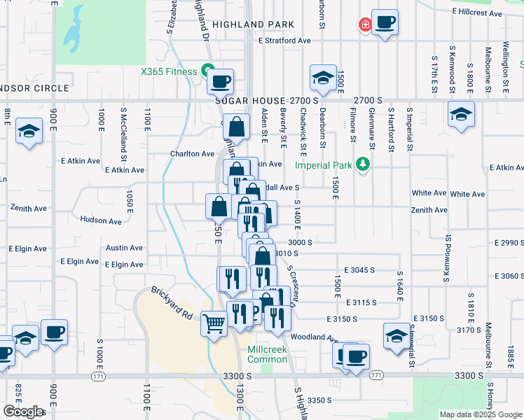 map of restaurants, bars, coffee shops, grocery stores, and more near 1347 Hudson Avenue South in Salt Lake City