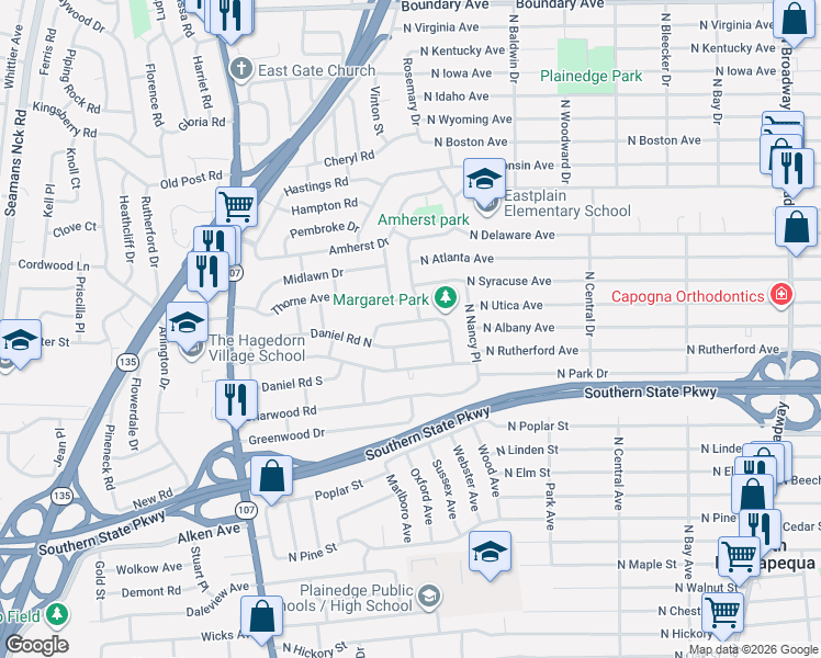 map of restaurants, bars, coffee shops, grocery stores, and more near 191 Daniel Road North in Massapequa