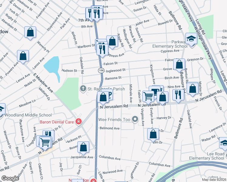 map of restaurants, bars, coffee shops, grocery stores, and more near 2508 Poppy Street in East Meadow
