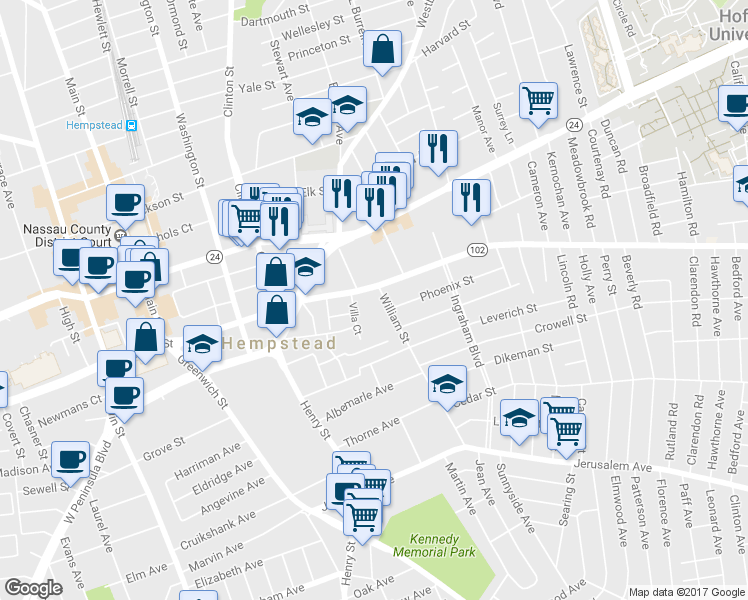 map of restaurants, bars, coffee shops, grocery stores, and more near 38 William Street in Hempstead