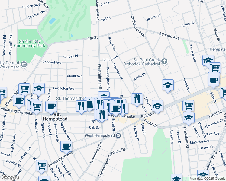 map of restaurants, bars, coffee shops, grocery stores, and more near 66 Buckingham Road in West Hempstead