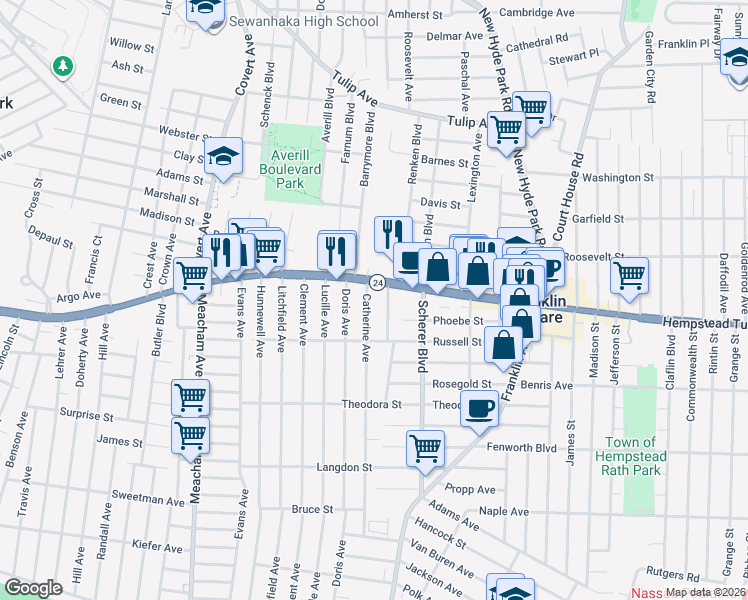 map of restaurants, bars, coffee shops, grocery stores, and more near 45 Catherine Avenue in Franklin Square