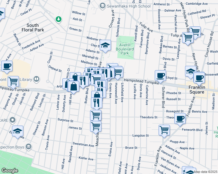 map of restaurants, bars, coffee shops, grocery stores, and more near 42 Evans Avenue in Elmont