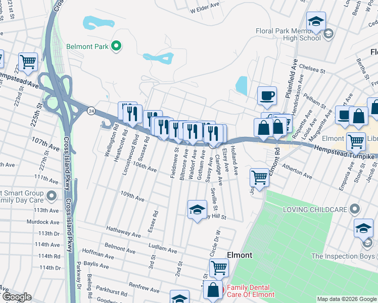 map of restaurants, bars, coffee shops, grocery stores, and more near 40 Biltmore Avenue in Elmont
