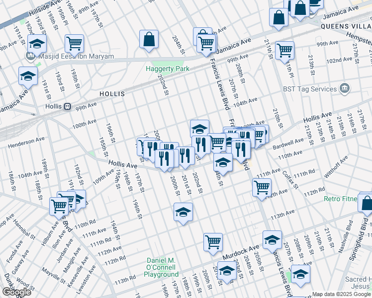map of restaurants, bars, coffee shops, grocery stores, and more near 109-21 201st Street in Queens