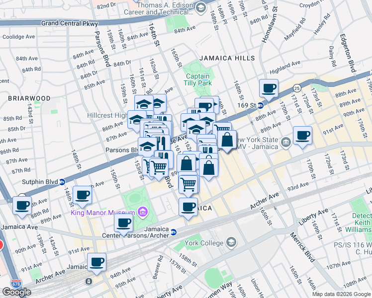 map of restaurants, bars, coffee shops, grocery stores, and more near 88-47 161st Street in Queens