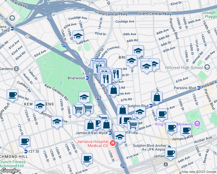 map of restaurants, bars, coffee shops, grocery stores, and more near in Queens