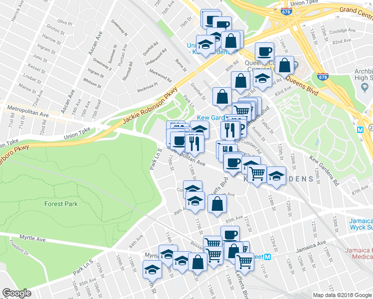 map of restaurants, bars, coffee shops, grocery stores, and more near in Queens