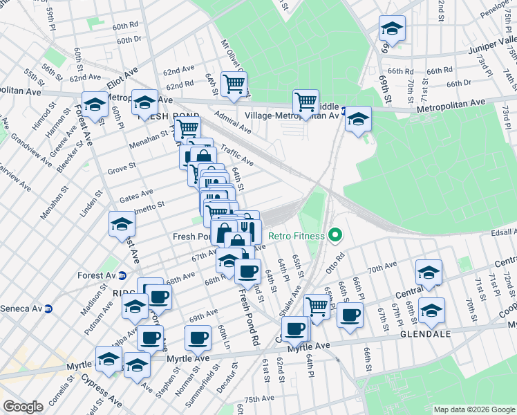 map of restaurants, bars, coffee shops, grocery stores, and more near 64-14 Madison Street in Queens