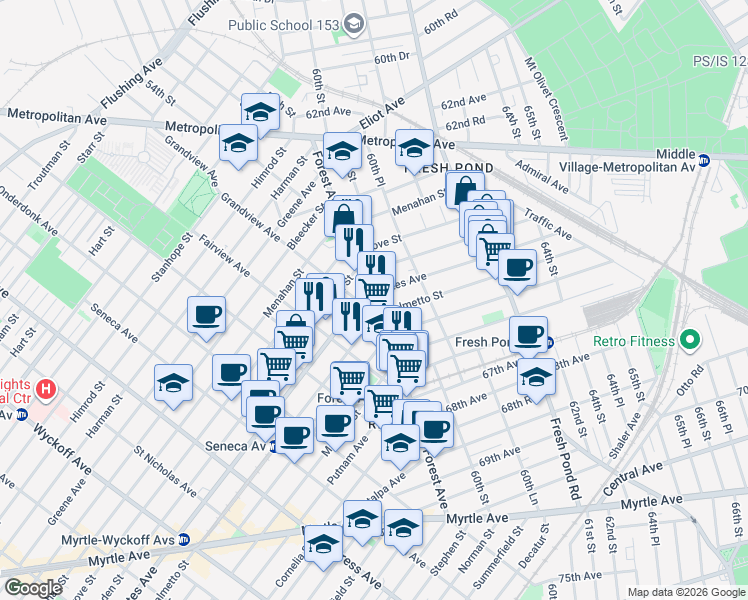 map of restaurants, bars, coffee shops, grocery stores, and more near in Queens