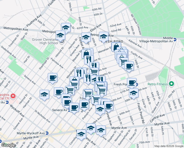 map of restaurants, bars, coffee shops, grocery stores, and more near in Queens