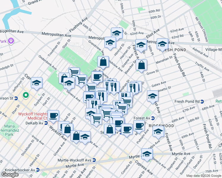 map of restaurants, bars, coffee shops, grocery stores, and more near 5-16 Woodward Avenue in Queens
