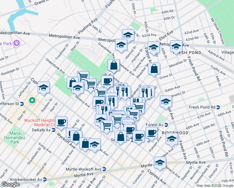 map of restaurants, bars, coffee shops, grocery stores, and more near 5-16 Woodward Avenue in Queens