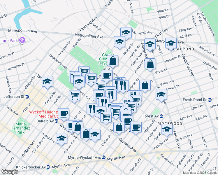 map of restaurants, bars, coffee shops, grocery stores, and more near 18-67 Greene Avenue in Queens