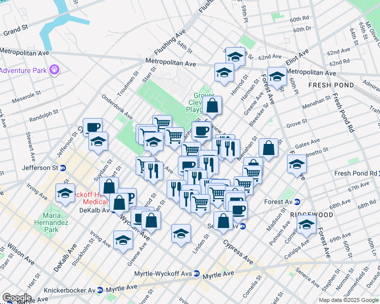 map of restaurants, bars, coffee shops, grocery stores, and more near 456 Onderdonk Avenue in Queens