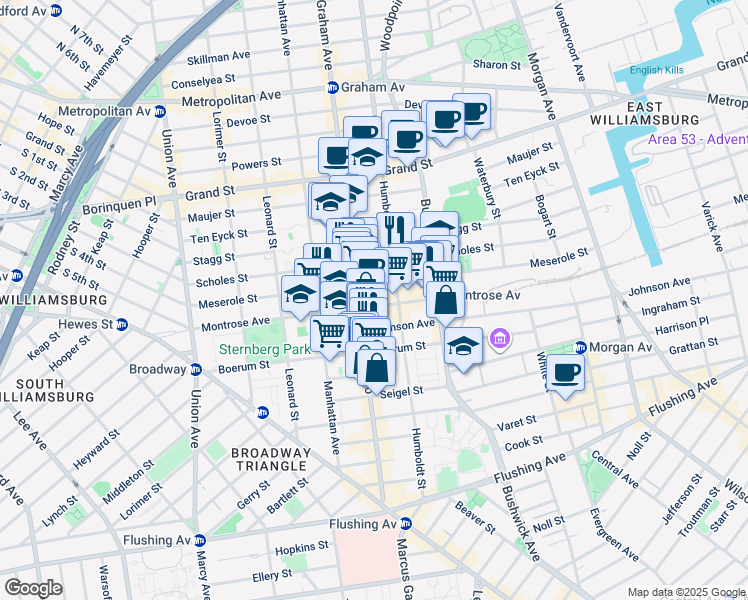 map of restaurants, bars, coffee shops, grocery stores, and more near 181 Montrose Avenue in Brooklyn
