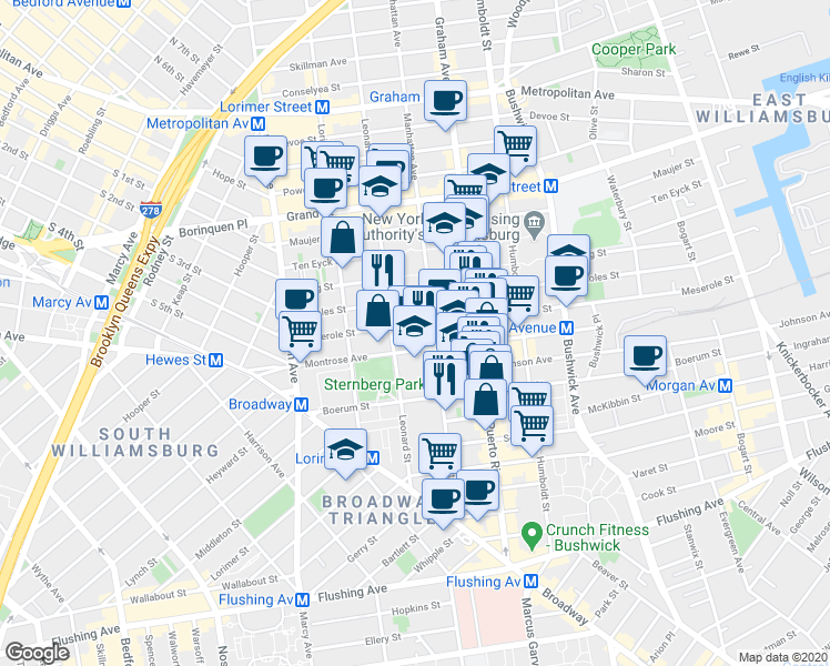 map of restaurants, bars, coffee shops, grocery stores, and more near 108 Montrose Avenue in Brooklyn