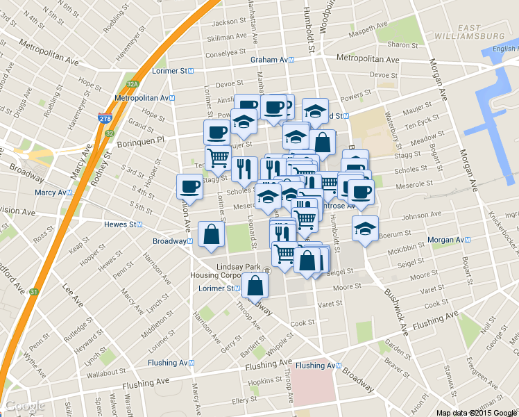 map of restaurants, bars, coffee shops, grocery stores, and more near 108 Montrose Avenue in Brooklyn