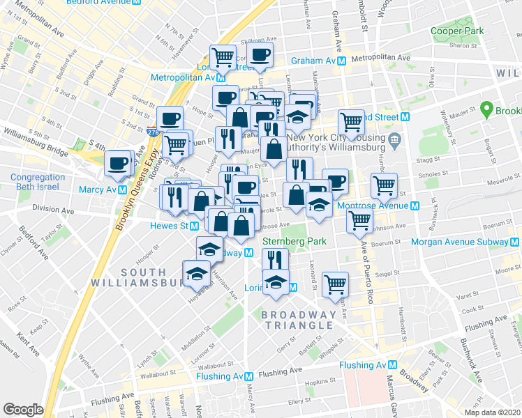 map of restaurants, bars, coffee shops, grocery stores, and more near 210 Union Avenue in Brooklyn
