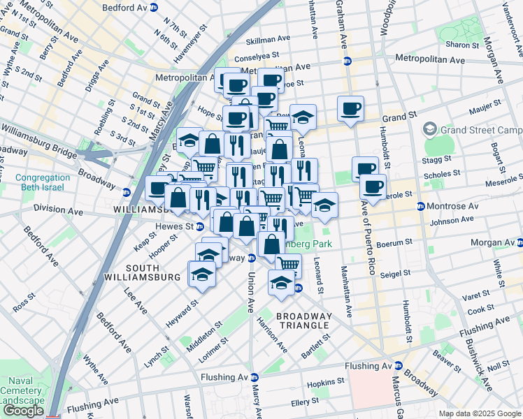 map of restaurants, bars, coffee shops, grocery stores, and more near 210 Union Avenue in Brooklyn