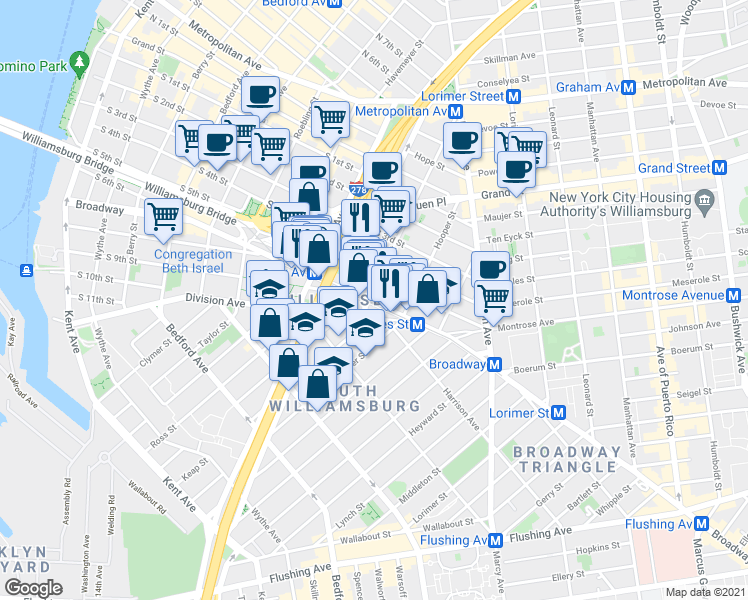 map of restaurants, bars, coffee shops, grocery stores, and more near in Brooklyn