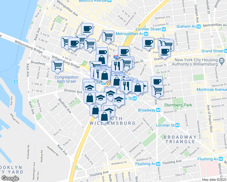 map of restaurants, bars, coffee shops, grocery stores, and more near in Brooklyn