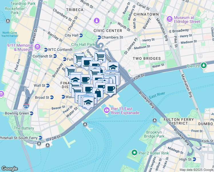 map of restaurants, bars, coffee shops, grocery stores, and more near in PECK SLIP
