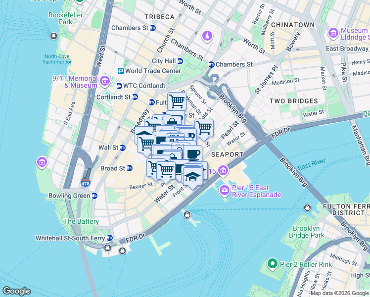 map of restaurants, bars, coffee shops, grocery stores, and more near 101 Maiden Lane in New York