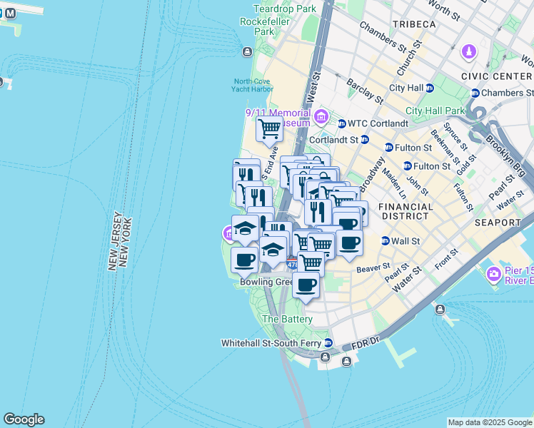 map of restaurants, bars, coffee shops, grocery stores, and more near 20 Morris Street in New York