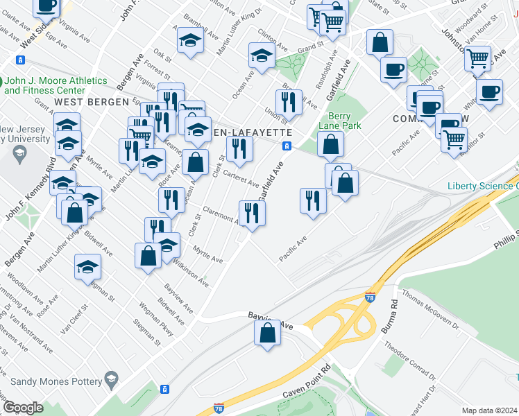 map of restaurants, bars, coffee shops, grocery stores, and more near 2 Claremont Avenue in Jersey City