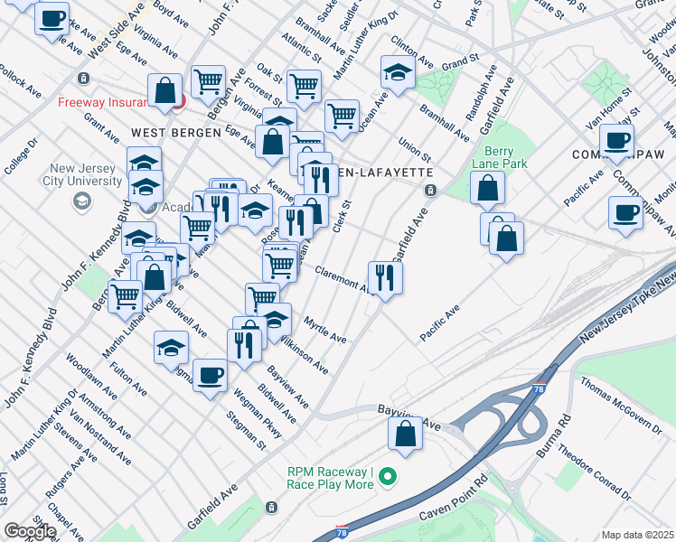 map of restaurants, bars, coffee shops, grocery stores, and more near 143 Arlington Avenue in Jersey City