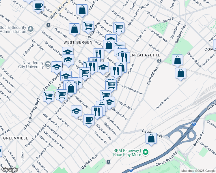 map of restaurants, bars, coffee shops, grocery stores, and more near 91 Myrtle Avenue in Jersey City