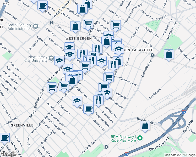 map of restaurants, bars, coffee shops, grocery stores, and more near 53 Bostwick Avenue in Jersey City