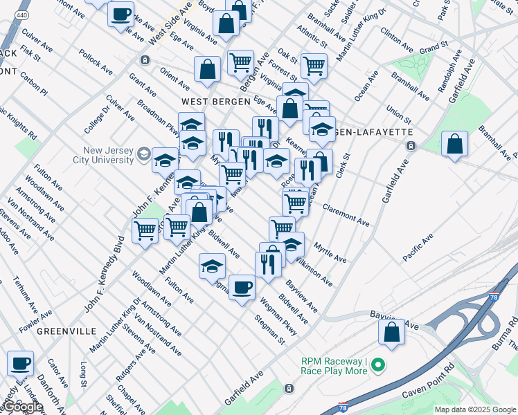 map of restaurants, bars, coffee shops, grocery stores, and more near 53 Bostwick Avenue in Jersey City