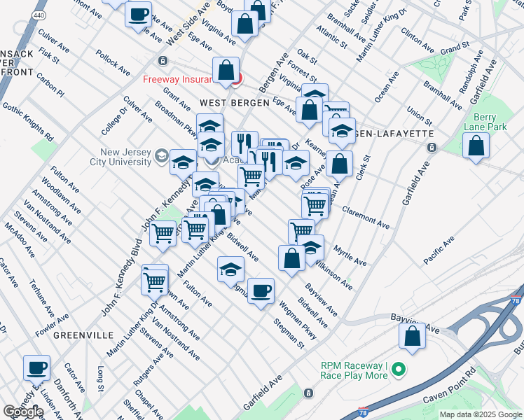 map of restaurants, bars, coffee shops, grocery stores, and more near 163 Wilkinson Avenue in Jersey City