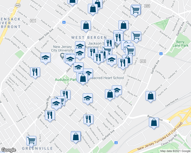 map of restaurants, bars, coffee shops, grocery stores, and more near 163 Wilkinson Avenue in Jersey City