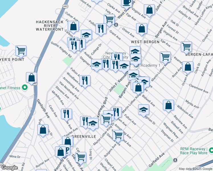 map of restaurants, bars, coffee shops, grocery stores, and more near 4 Westminster Avenue in Jersey City
