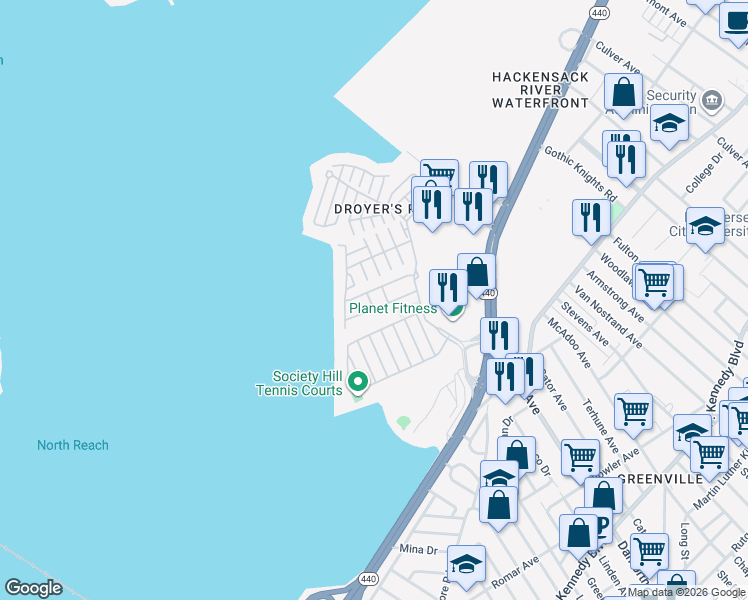 map of restaurants, bars, coffee shops, grocery stores, and more near 37 Cottonwood Street in Jersey City