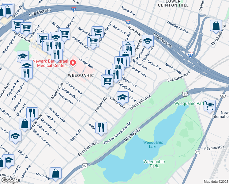 map of restaurants, bars, coffee shops, grocery stores, and more near 59 Lyons Avenue in Newark