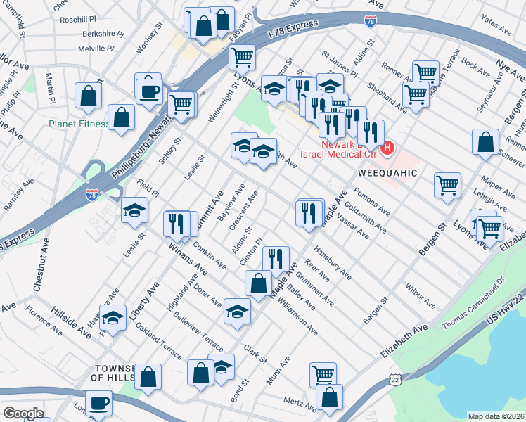 map of restaurants, bars, coffee shops, grocery stores, and more near 219-221 Keer Avenue in Newark