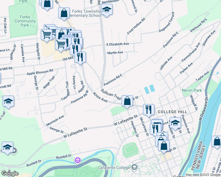 map of restaurants, bars, coffee shops, grocery stores, and more near 1101 Sullivan Trail in Easton