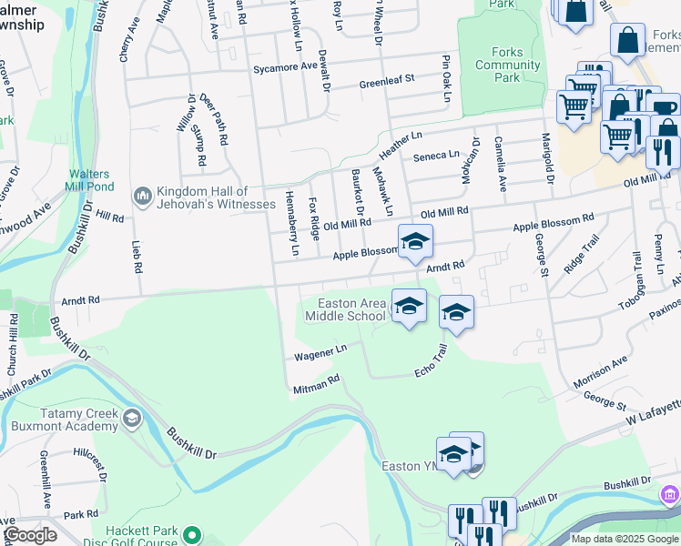 map of restaurants, bars, coffee shops, grocery stores, and more near 719 Arndt Road in Easton
