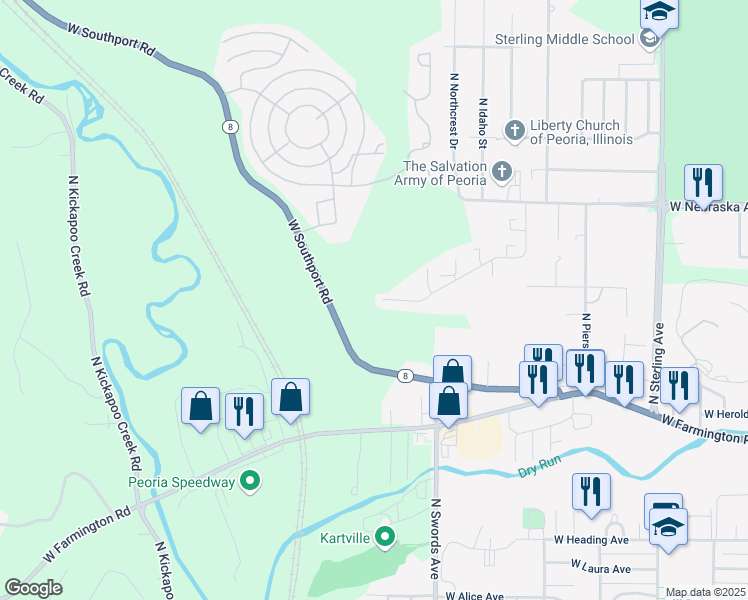 map of restaurants, bars, coffee shops, grocery stores, and more near 1504 North Great Oak Road in Peoria