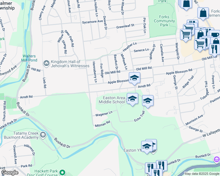 map of restaurants, bars, coffee shops, grocery stores, and more near 719 Arndt Road in Easton